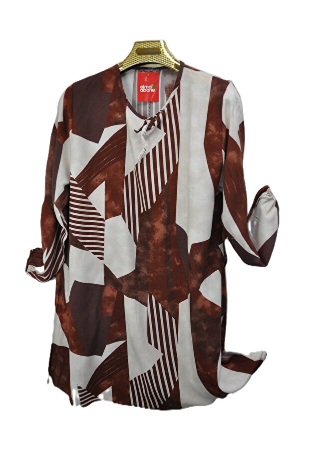 Plus Size Viscose Patterned Lace-Up Tunic