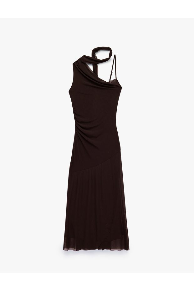 Slim Fit Scarf Asymmetrical Cut Strap One Shoulder Midi Tulle Dress