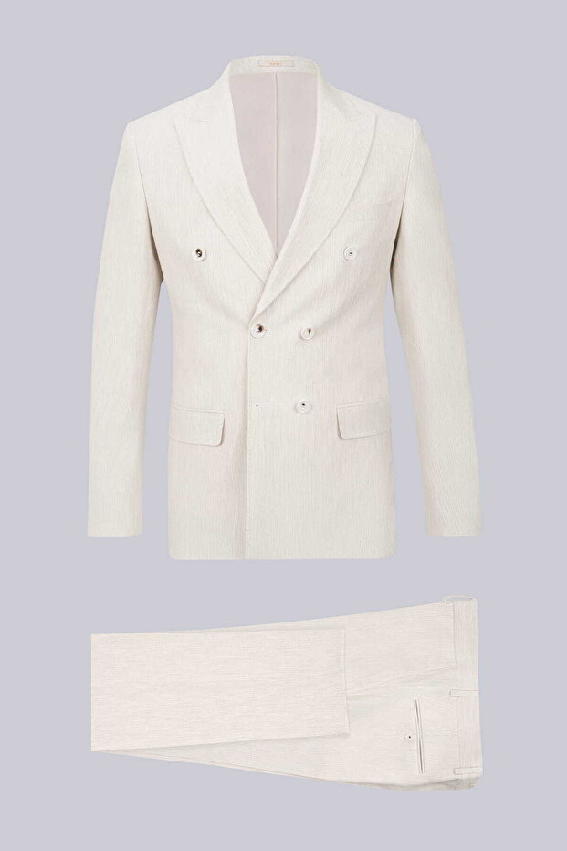 Gray Regular Fit Striped Pointed Collar Double Breasted Suit
