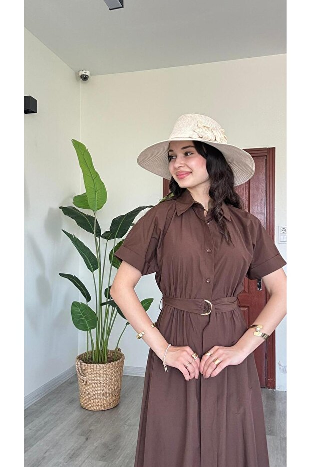 Short Sleeve Buttoned Belted Maxi Length Shirt Collar Very Stylish Comfortable Dress