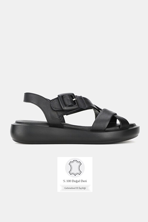 Women's Black Genuine Leather Strappy Flat Sole Daily Sandals