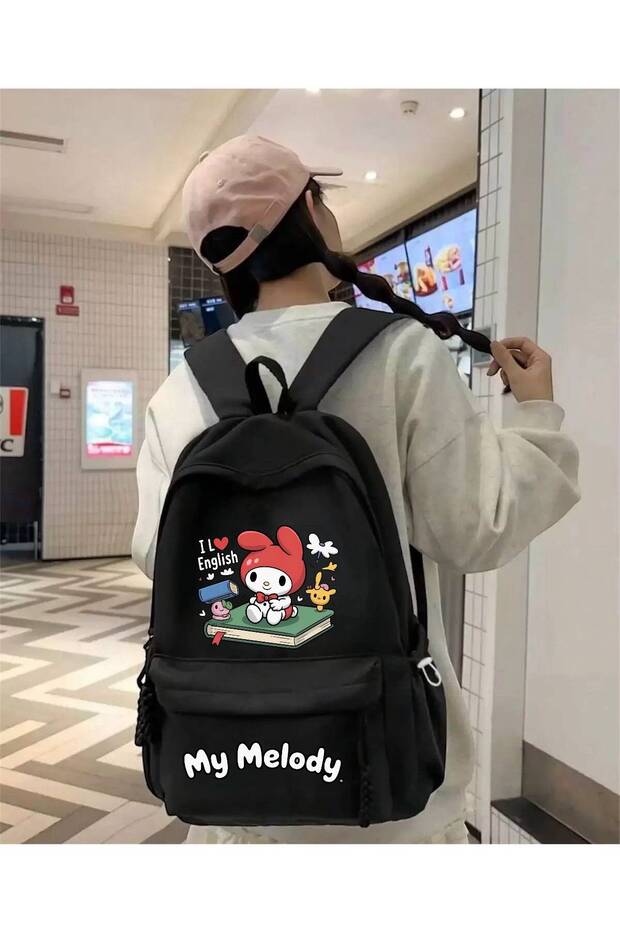 حقيبة ظهر مدرسية، وحقيبة دراسة، وحقيبة ظهر للدروس باللون الأسود مطبوع عليها My Melody