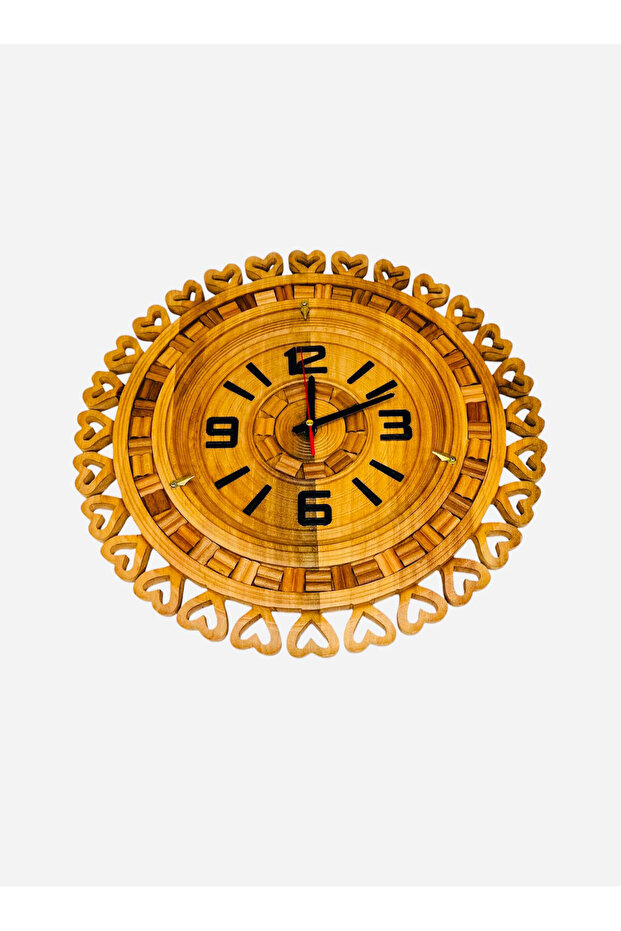 Handmade Wooden Wall Clock – Light Brown Round Design with Heart Carving – 18 Inch Decorative Wall Hanging Clock for Home & Office Décor
