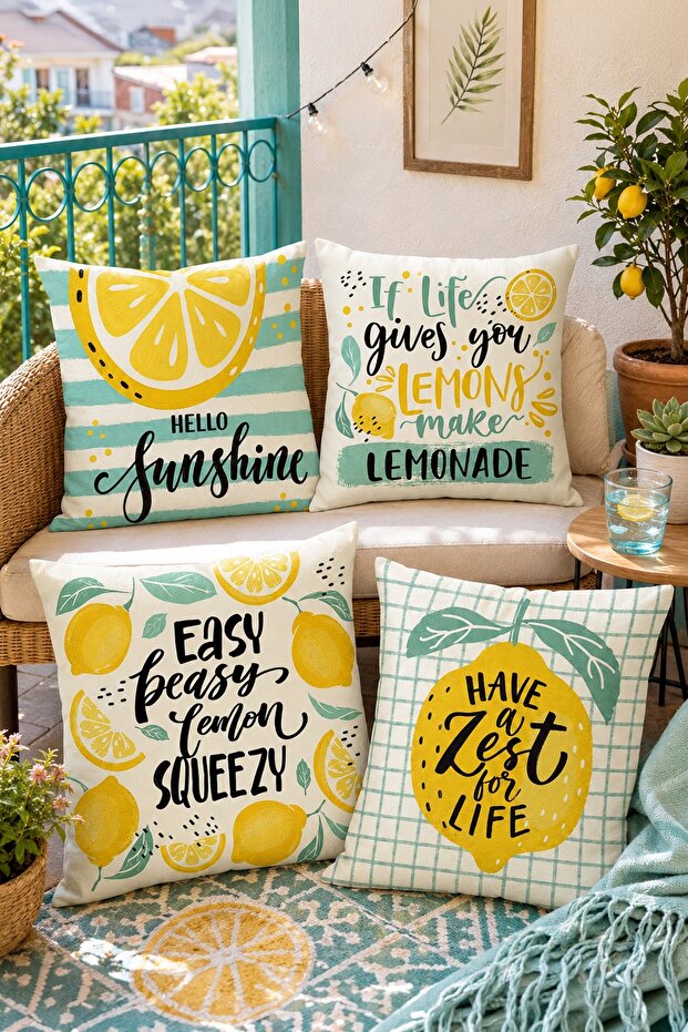 Lemon Drawings Patterned 4-Piece Throw Pillow Cover Set