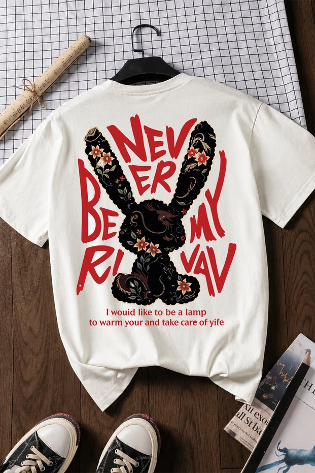 Vintage Bunny Design 100% Cotton Half Oversize White T-Shirt