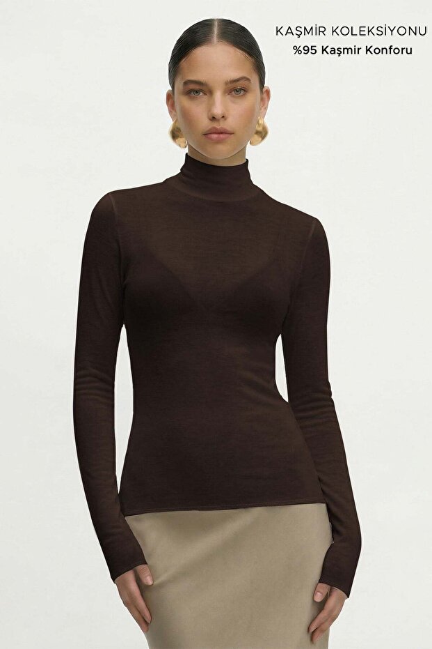 Women's Cashmere Ultra Soft Stand Collar Blouse Dark Brown