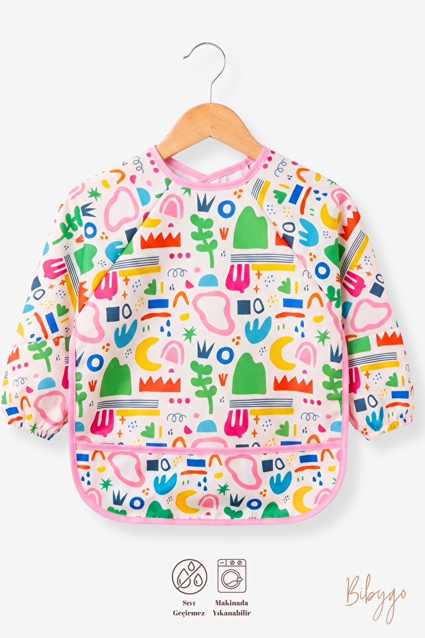 Long Sleeve Waterproof Baby Food and Activity Bib with Pockets - Colorful Patterned 6-24 Months