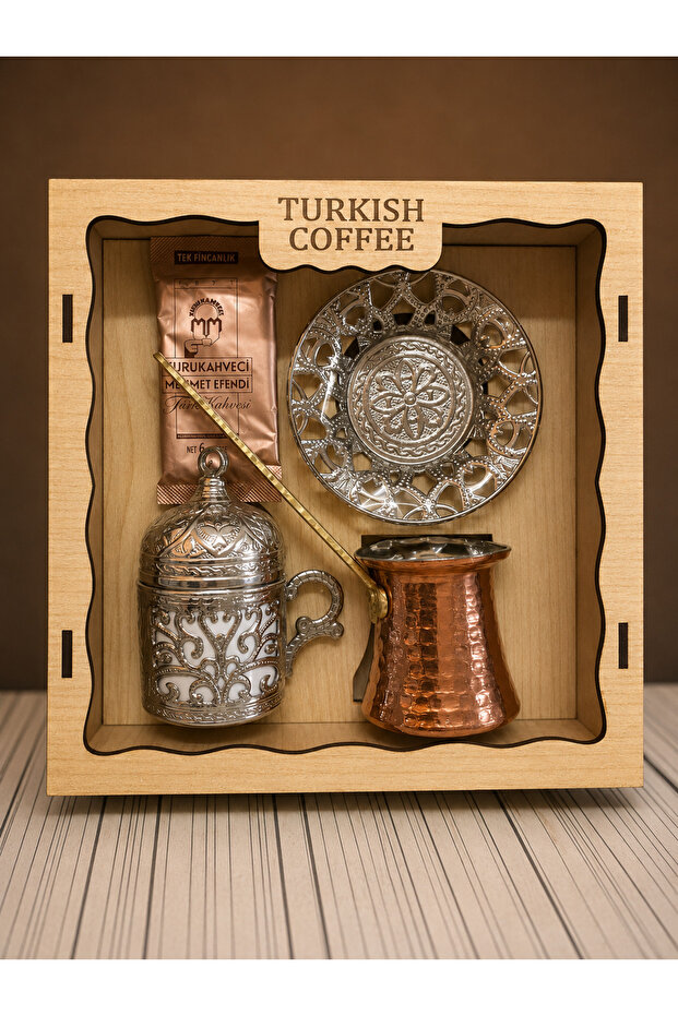 Turkish Coffee Gift Set with Wooden Box | Coffee Pot, Porcelain Cup, Mehmet Efendi Turkish Coffee