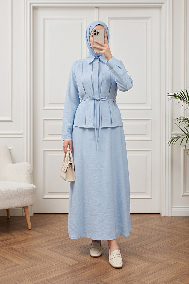 Polyviscon Double Set with Skirt Lining and Stone Detail Belt - Baby Blue