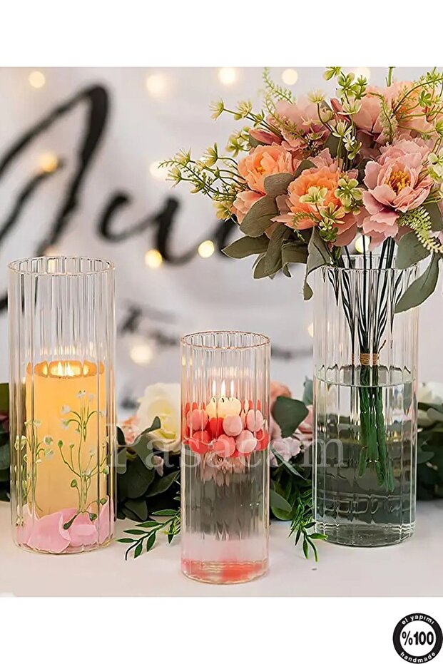 Optical Patterned Glass Vase Set of 3 10cm Diameter 15-20-25 cm Height