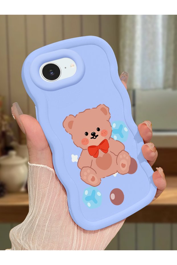 iPhone 16E Compatible Case Camera Protector Blue Silicone Couple Phone Case Bear Pattern