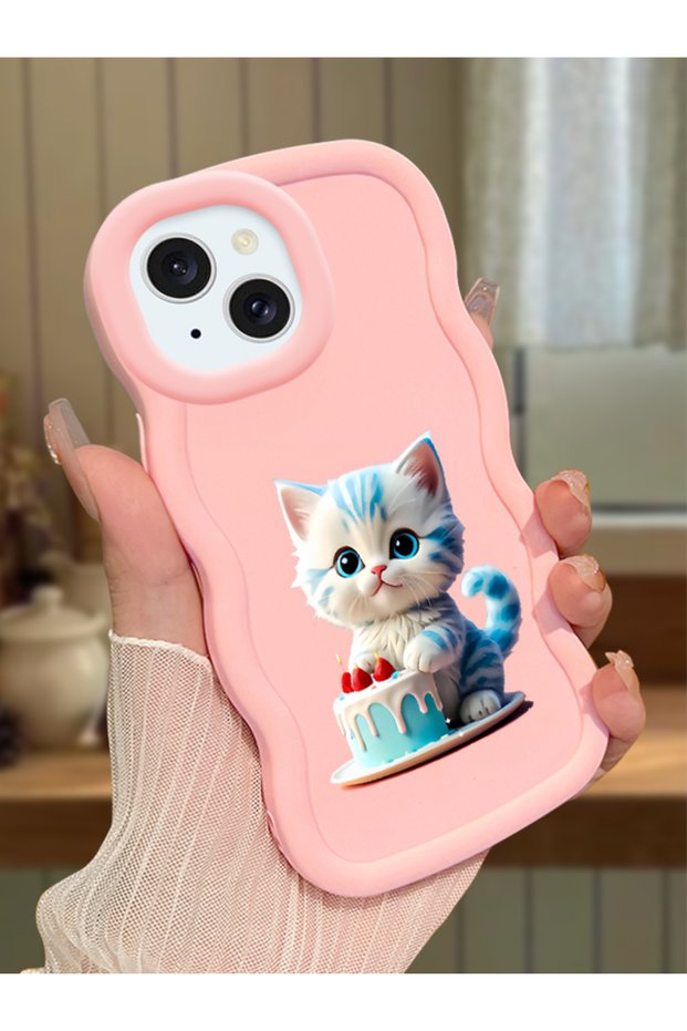 iPhone 14 Compatible Case with Camera Protector Pink Silicone Couple Phone Case Cat Pattern