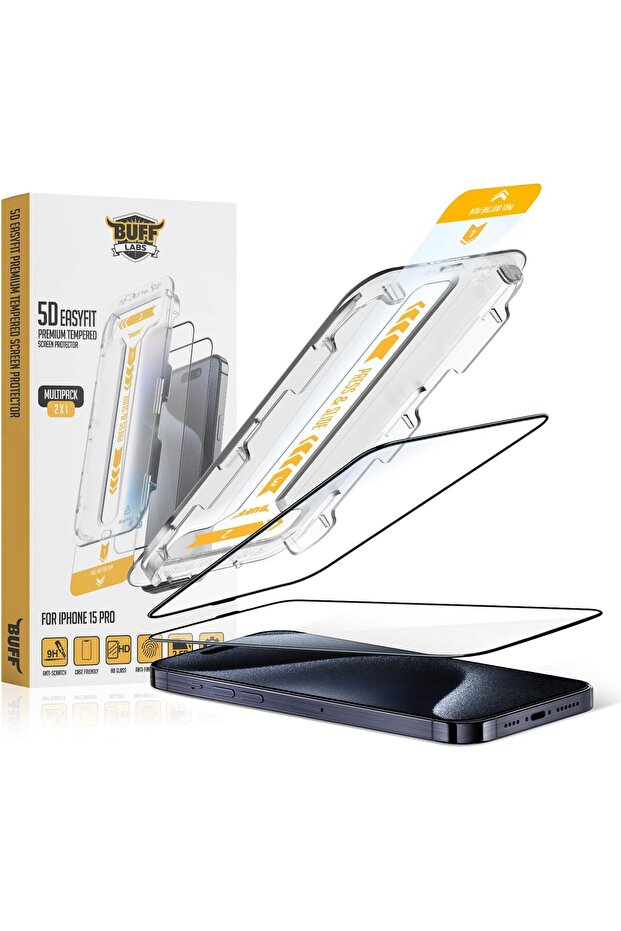 edl shop Buff، واقي شاشة 5D EasyFit متوافق مع سلسلة iPhone 15 مع جهاز تطبيق سهل من قطعتين