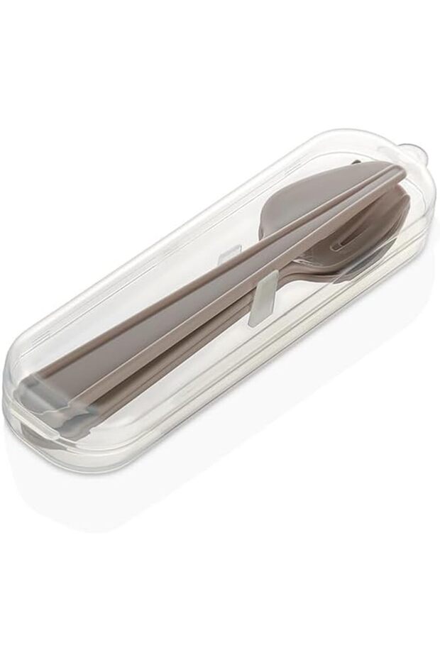 Ocy Shop Plastic Fork Spoon Knife Set with Carrying Box Camping Picnic School (Beige) 1115731