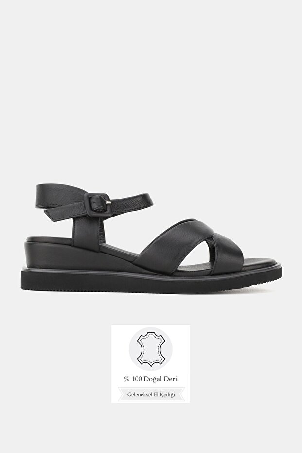 Women's Black Genuine Leather 36-42 Size Strappy Flat Sole Daily Sandals