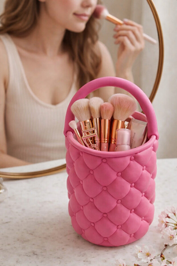 Aesthetic Quilted Desk Organizer Brush Holder Pink – Makeup & Office Organizer