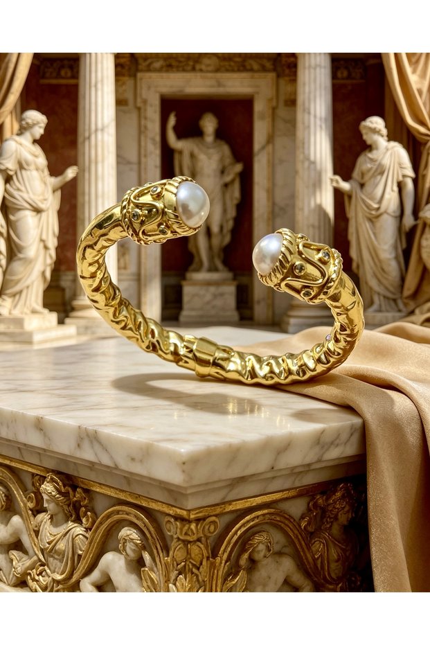 Women's Gold Steel Original Pearl Detailed Ancient Rome Series Handcuff Bracelet - Premium Luxury Design