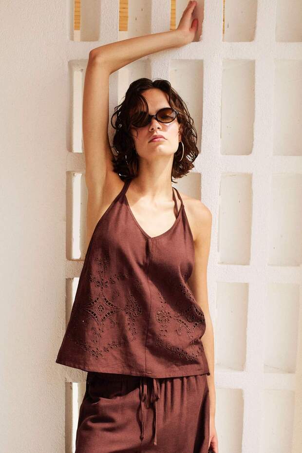 Regular Fit Halter Neck Cotton Brown Beachwear H0877Ax26Sm