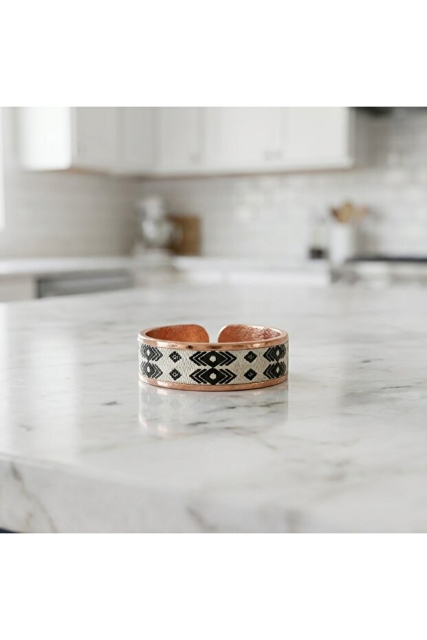 Copper Black and White Ethnic Diamond Pattern Adjustable Ring