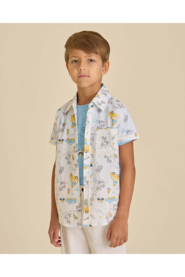 Boys White Printed Shirt And T-Shirt 2 Piece Set