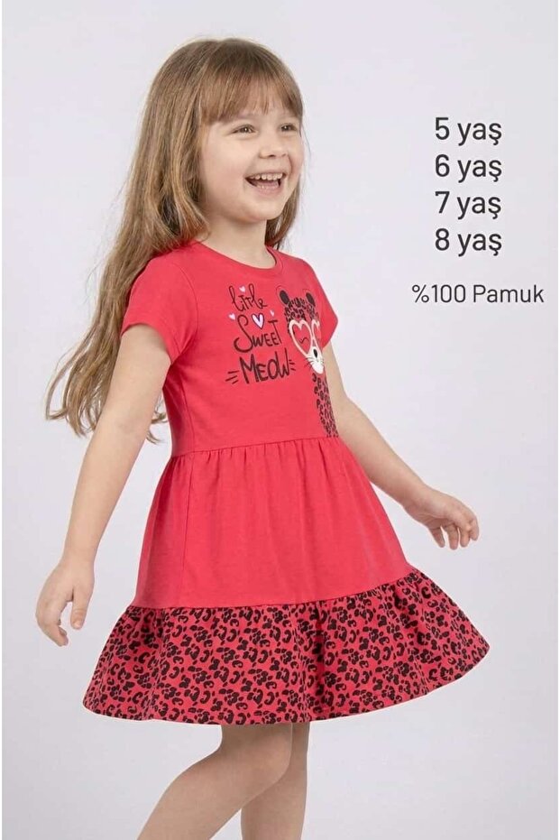 100% Cotton Girl's Red Leopard Patterned Dress | Summer Comfort Series for Ages 5-8
