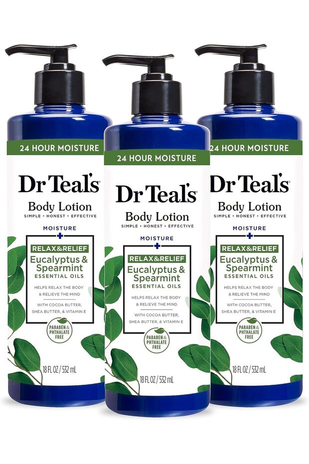 Dr Teal's 24 Hour Moisture+ Body Lotion, Eucalyptus & Spearmint & Essential Oils, 18 fl oz (Pack of 3)