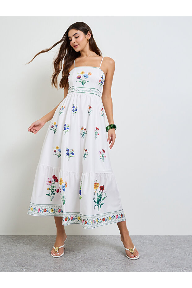 White Floral Print Strappy Maxi Dress