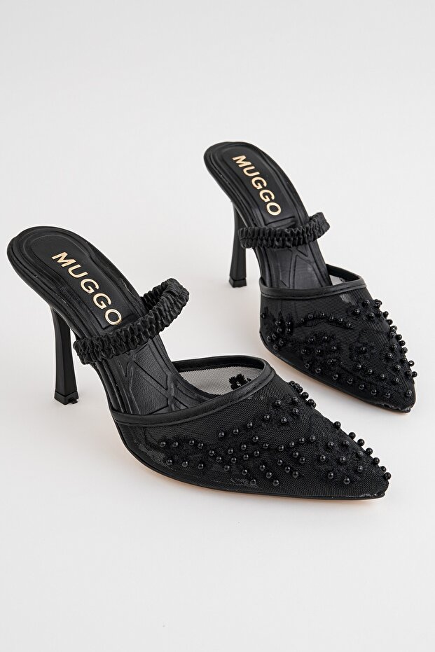 Pearly Pointed Toe Bead Embroidered Mesh Detailed Elastic Thin Heeled Women's Slippers