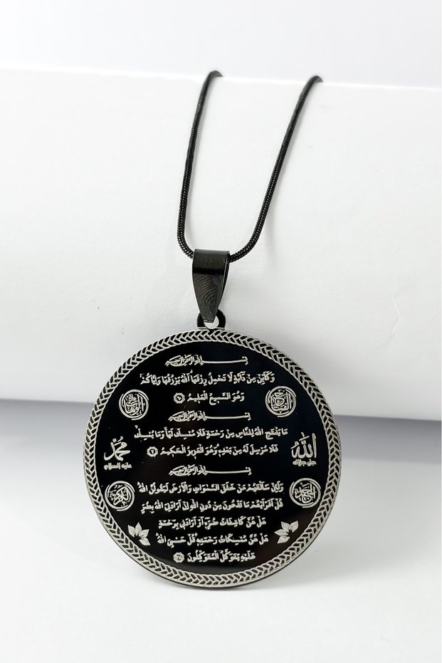 3.5 cm Plate Black Color Special Design 7 Verses 7 Esma Written 60 cm Italian Chain 316L Stainless Steel Necklace