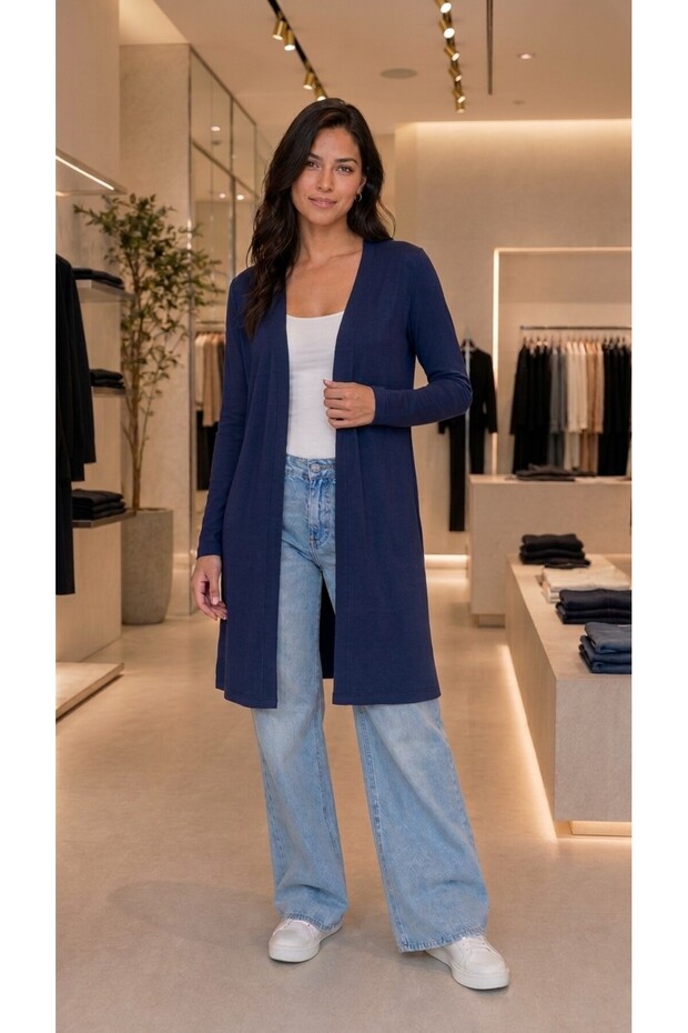Women's Indigo Navy Blue Color Long Slit Basic Cardigan