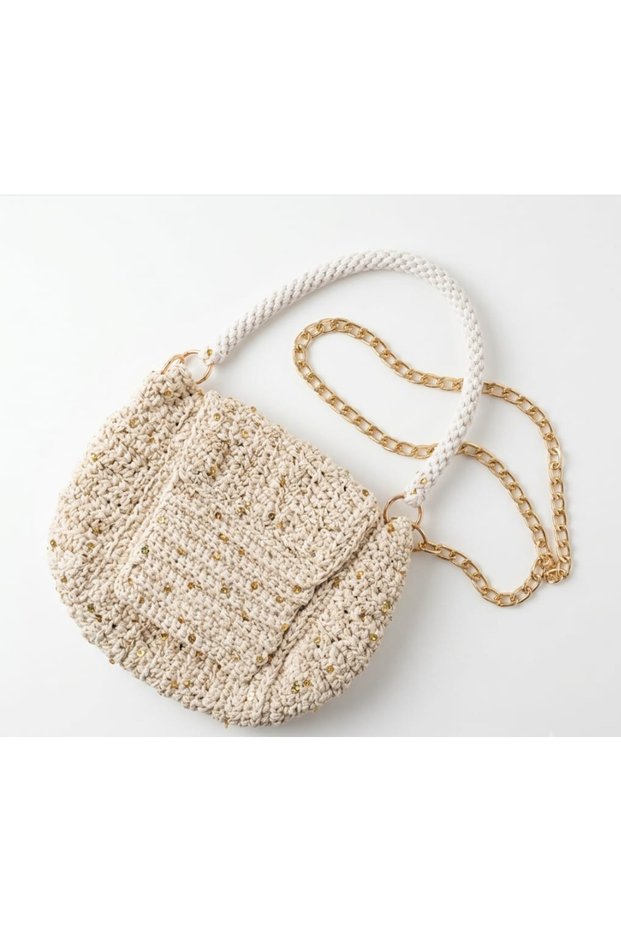 Hand Knitted Sequined Chain Shoulder Bag Cream