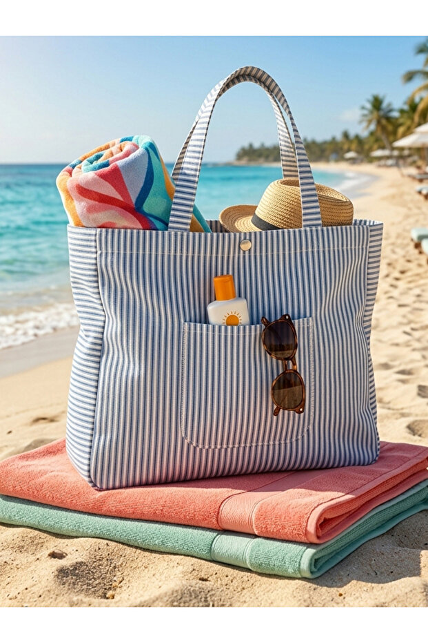 Striped Summer Oversized Denim Beach Bag - Summer Women's Shoulder Bag