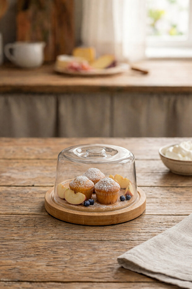 Bamboo Base Transparent Lid Cake Pan Stand Pastry Presentation Container
