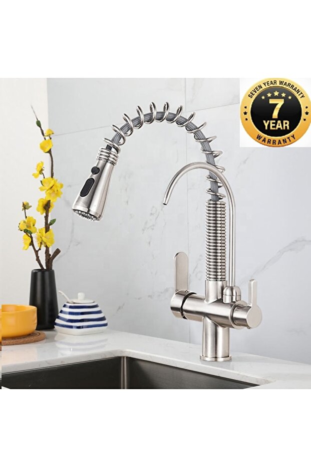 Kitchen Sink Faucet with Water Purification Outlet, 3-Function Spout, Matte Chrome Nickel, 7 Years Warranty, Imported