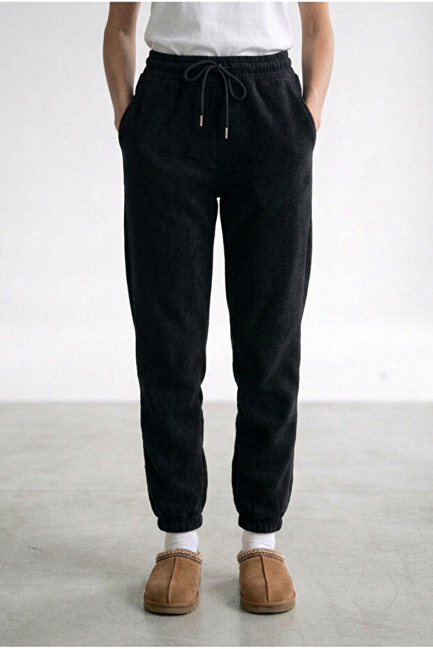 Women's Black 3-Thread Fleece-Lined Elastic Leg Jogger Cotton Sweatpants
