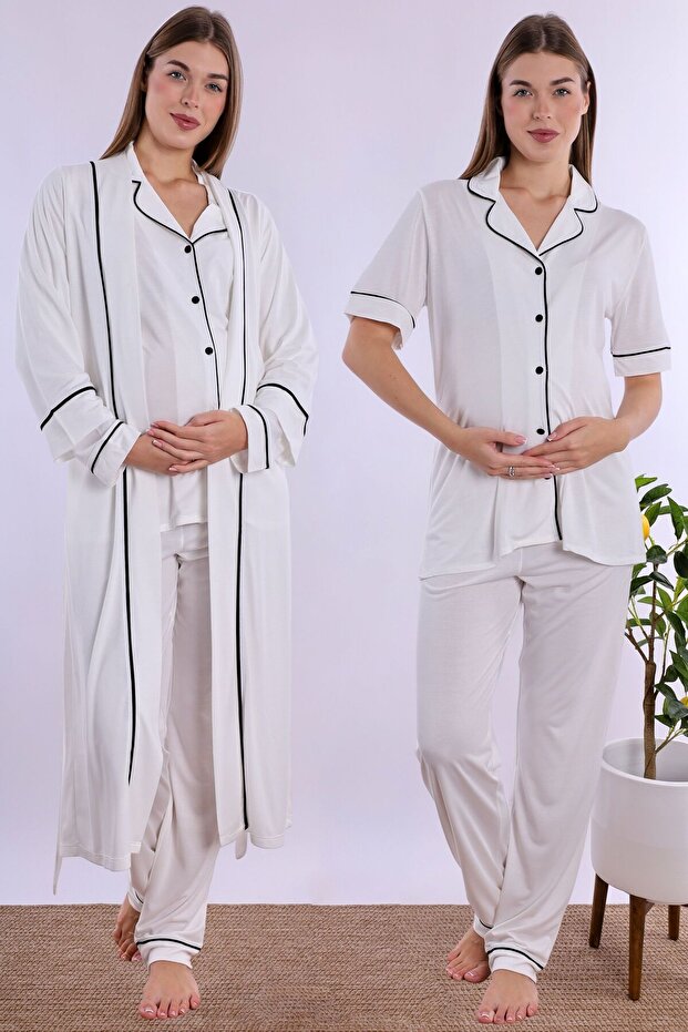 Cotton Front Buttoned Short Sleeve Maternity Pajama and Dressing Gown Set Effortt -Ecru