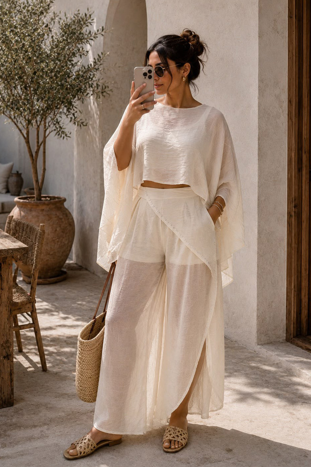 Bohemian Wide Leg Tie-Detail Transparent Shorts Lined Women's Trousers