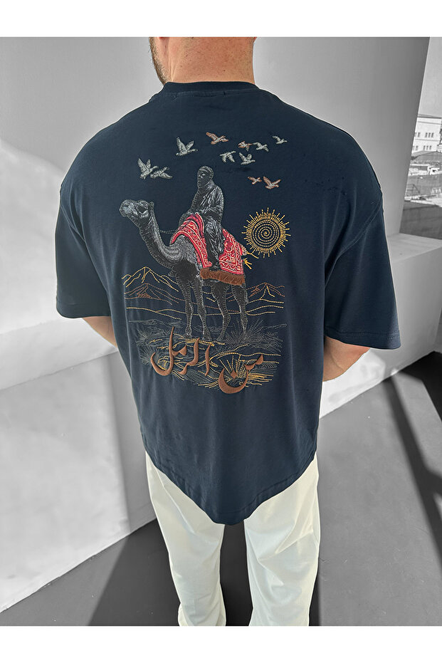 Navy Blue Desert and Camel Embroidered Premium Oversize T-Shirt