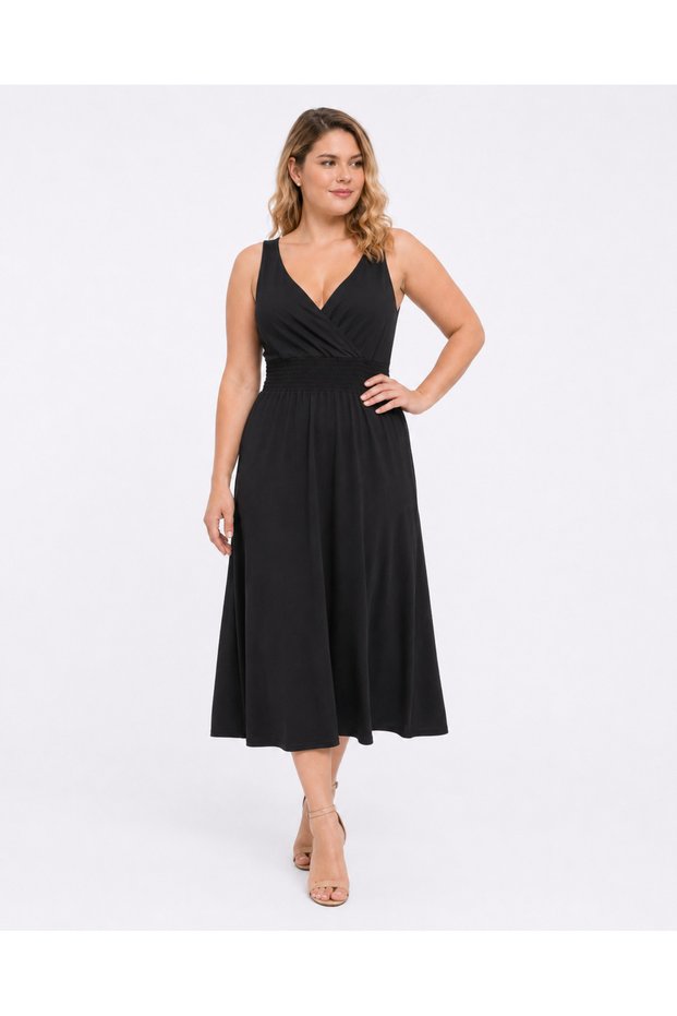Women's Plus Size Black, Waist Gipe Elastic Detail, Wrap Collar, Viscose Dress 65N39578