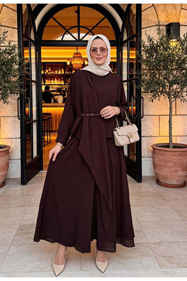 Cotton Lined Belted Shawl Detailed Skirt Suit Light Brown