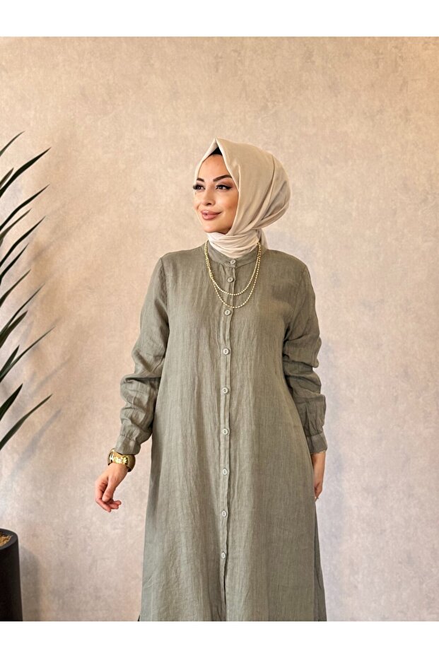 3123 بدلة كتان طويلة باللون الكاكي