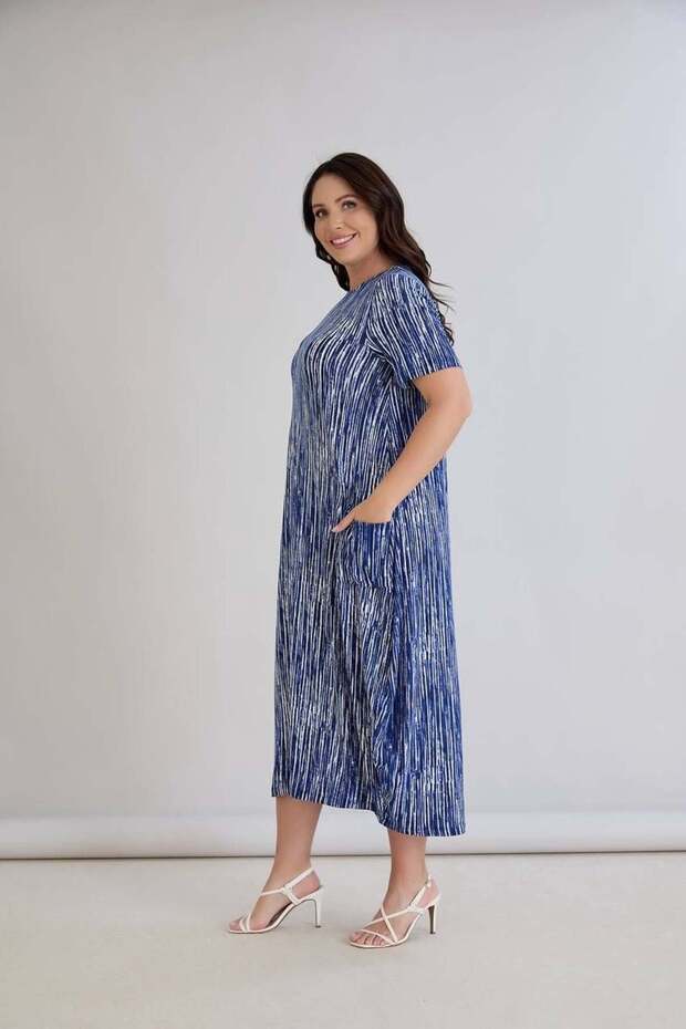Women's Stylish Combed Cotton Dress with Pocket Detail in Viscose Fabric in Navy Blue with Pattern