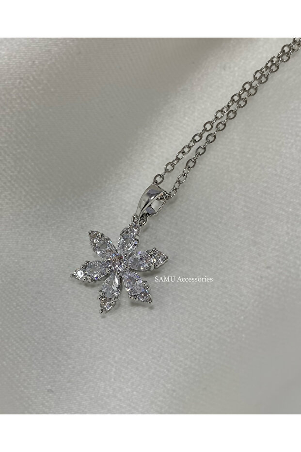 Stone-Encrusted Snowflake Steel Necklace - Silver Zirconia Snowflake Necklace