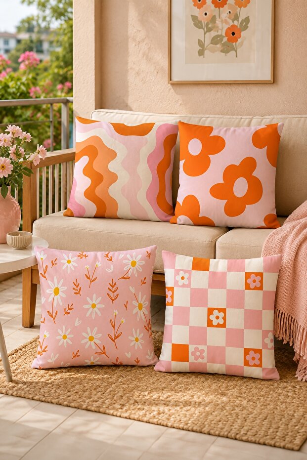 Only Pink Flowers Patterned 4-Piece Throw Pillow Cover Set