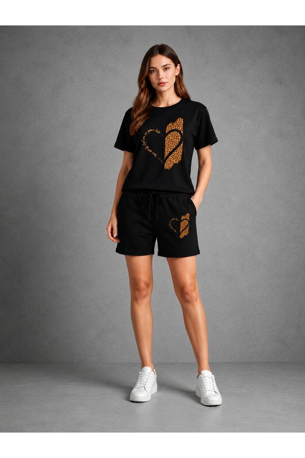 T-Shirt Shorts 2-Piece Combination Thin Summer Sweat-Absorbing Leopard Heart Printed Women's / Girls' Model