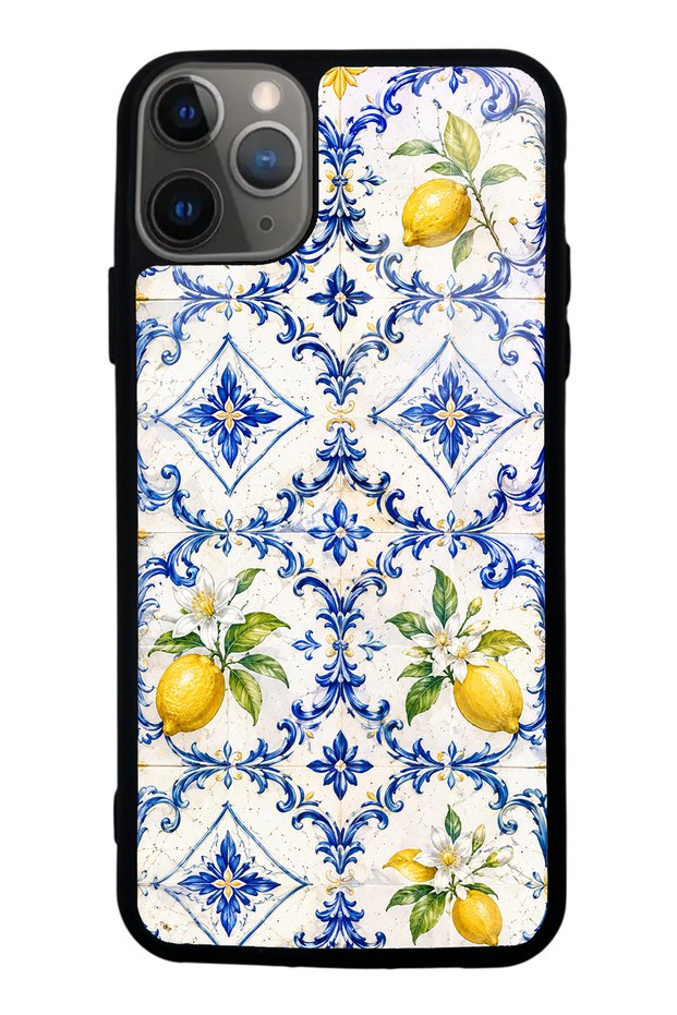 iPhone 11 Pro Max Glossy Phone Case with Sapphire Lemon Tiles Design