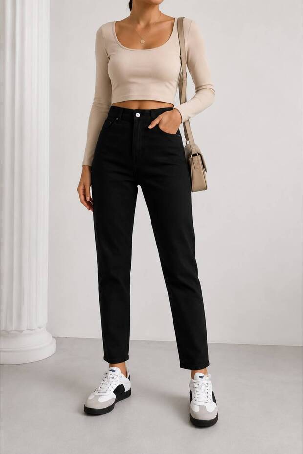 Silvery Black Women's Lycra Mom Jean High Waist Stretchy Denim Pants Anna-2073