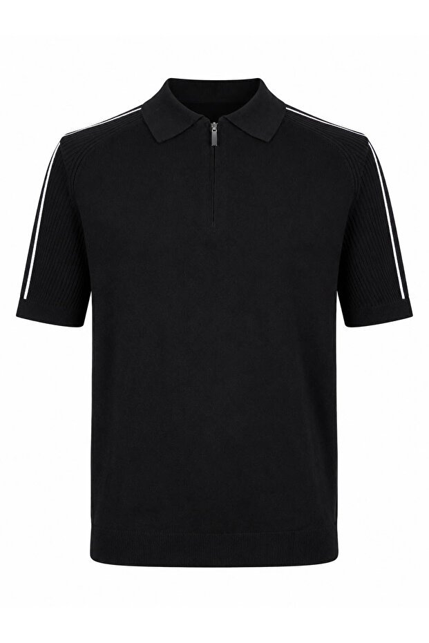 Half Zipper Black - White Men's Polo Collar T-Shirt 17433
