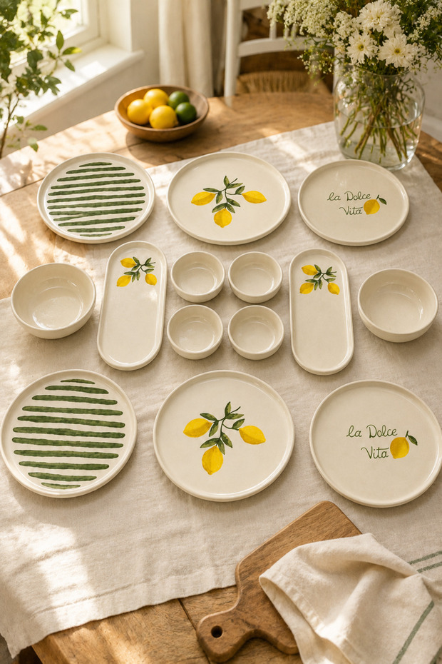 Amalfi 14 Piece 6-Person Ceramic Stackable Breakfast Set with Lemon Patterned Stand and Presentation Plate Tableware Set