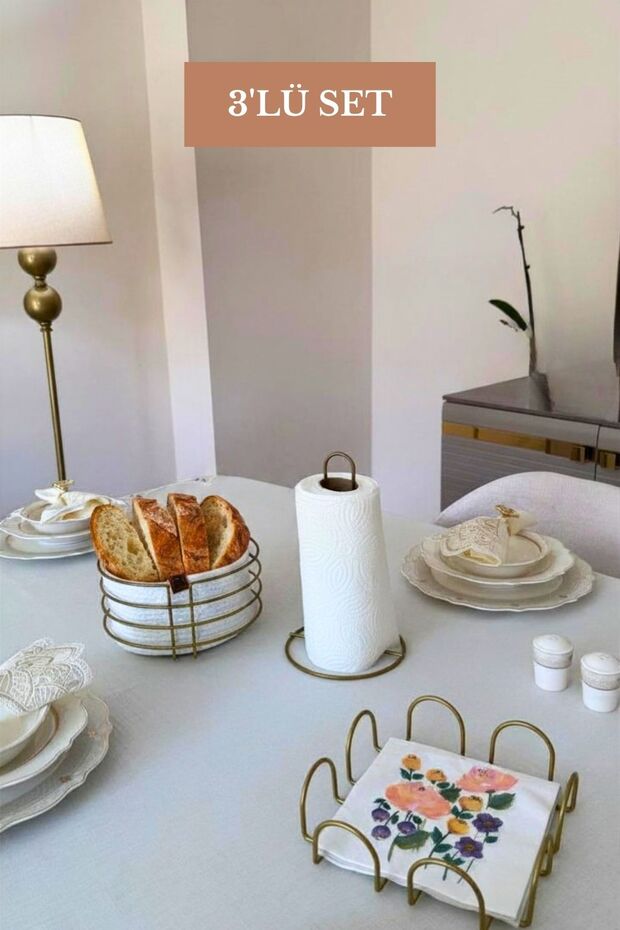 Set of 3 Matte Gold Square Napkin Holder, Upright Paper Towel Holder, Round Bread Basket, Kitchen Set